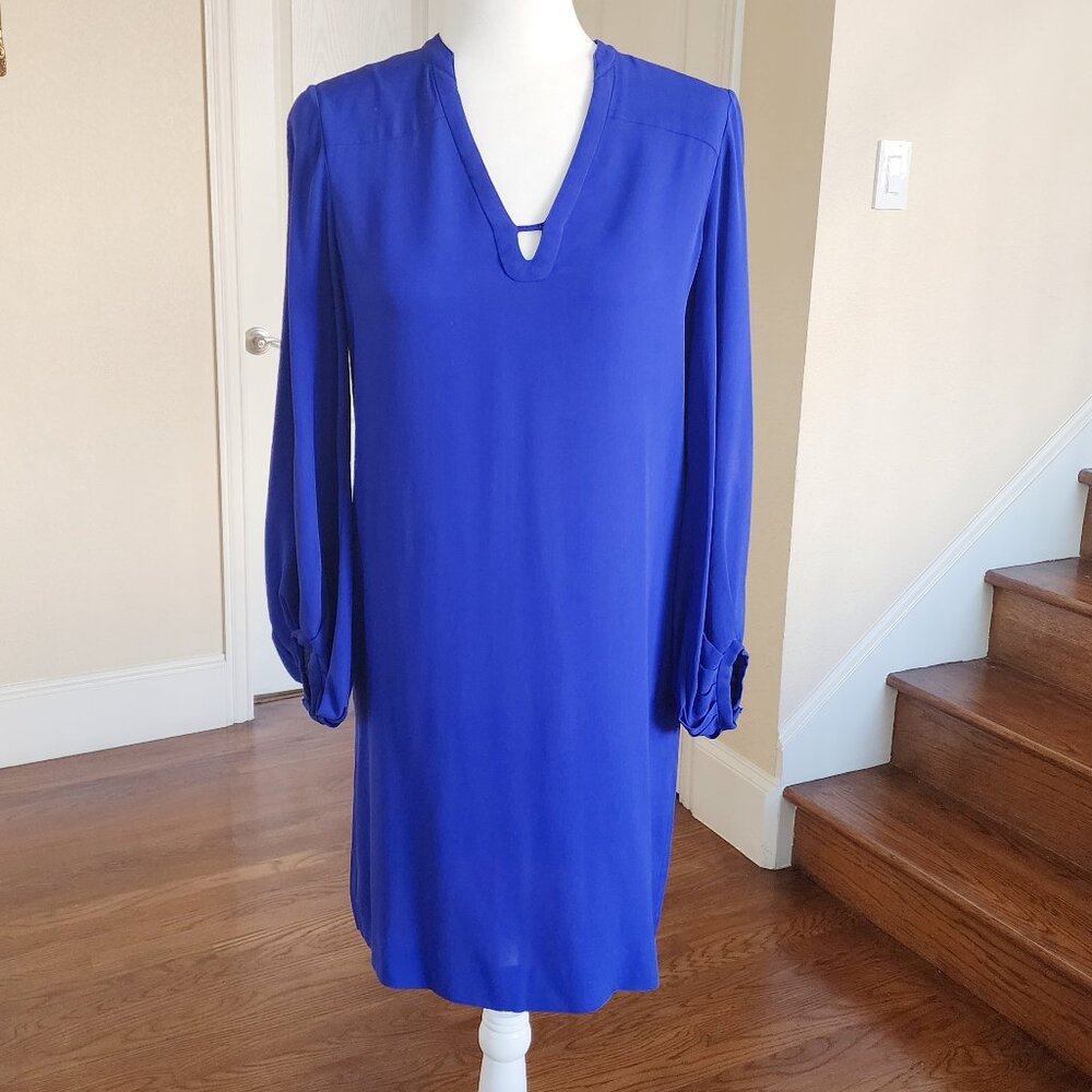 Diane Von Furstenberg Dress Silk Blue Long Sleeve Pullover Pockets V-Neck Size 4